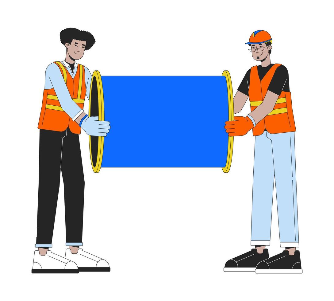Pipeline contractors carrying metal pipe 2D linear cartoon characters. Diverse male constructors isolated line vector people white background. Pipe construction color flat spot illustration