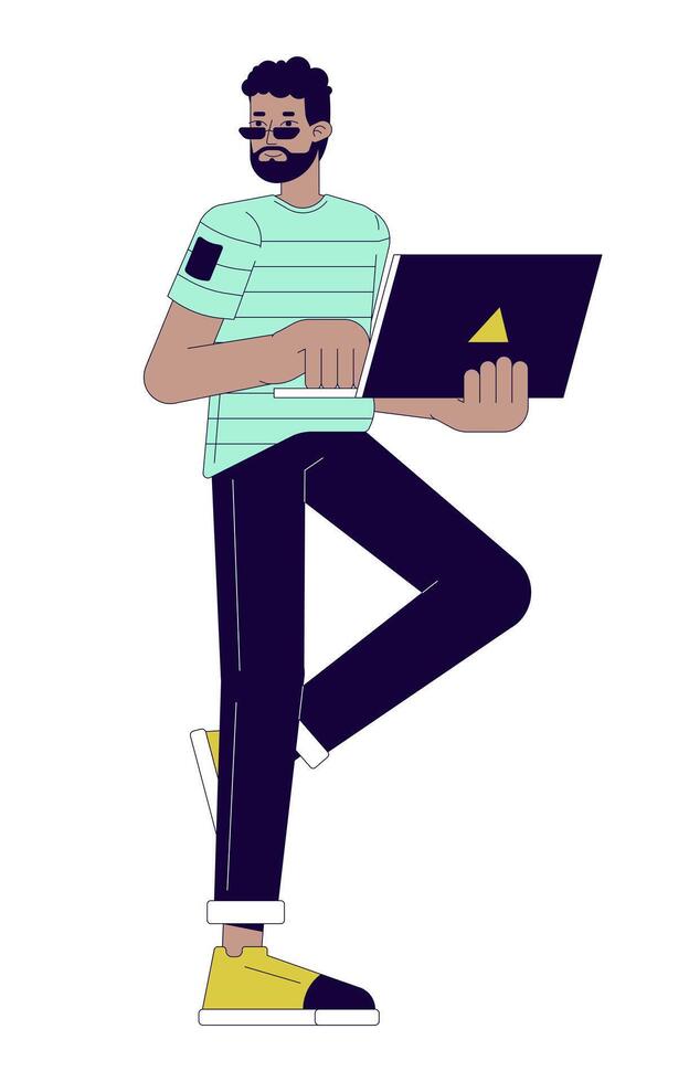 africano americano hombre con ordenador portátil 2d lineal dibujos animados personaje. negro estudiante utilizando computadora aislado línea vector persona blanco antecedentes. software desarrollador trabajo color plano Mancha ilustración