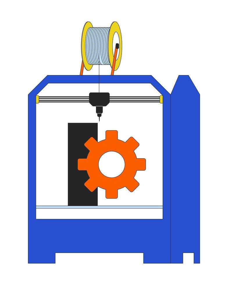 Gear machine part on 3d printer 2D linear cartoon object. Additive manufacturing cogwheel isolated line vector element white background. Technology three-dimensional print color flat spot illustration