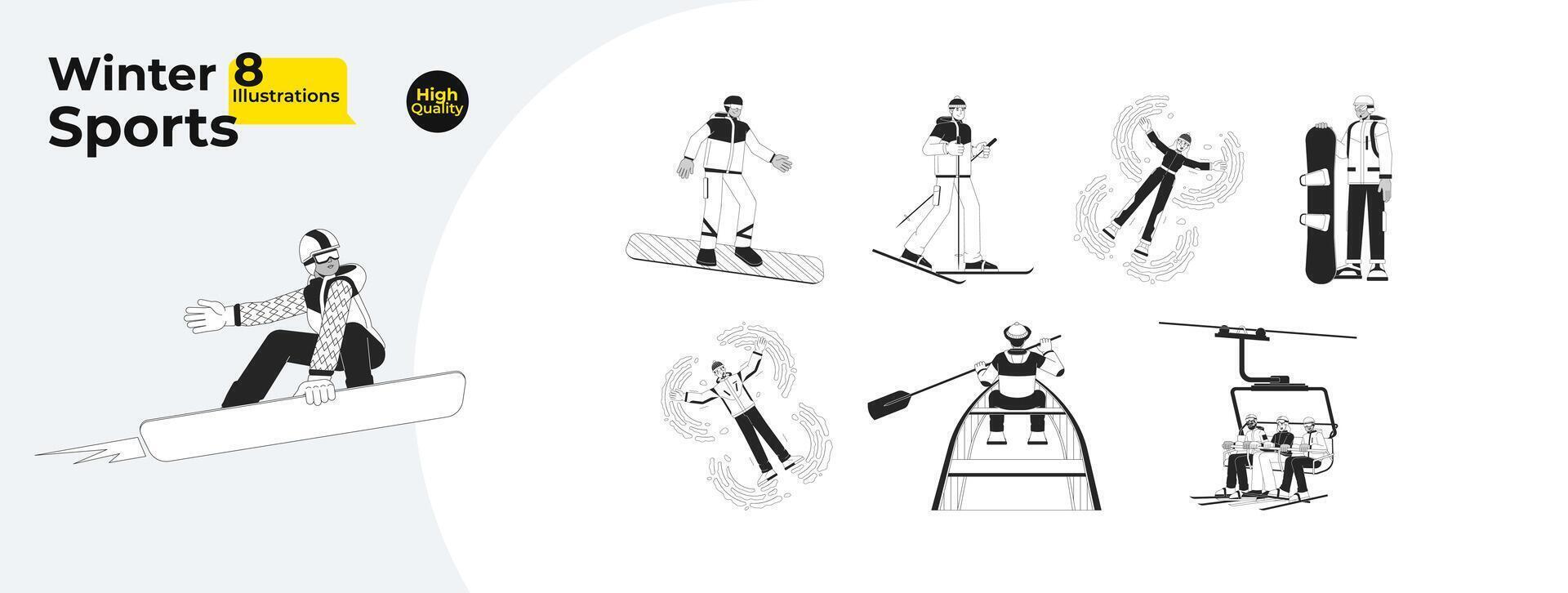 Ski resort in snowy mountains black and white cartoon flat illustration bundle. Ski lift, snowboarder skier outerwear 2D lineart characters isolated. Winter monochrome vector outline image collection