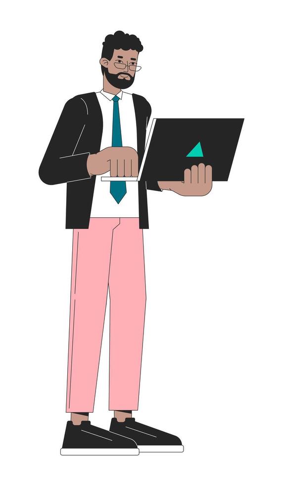 negro adulto masculino oficina trabajador participación ordenador portátil 2d lineal dibujos animados personaje. africano americano hombre empleado aislado línea vector persona blanco antecedentes. startuper color plano Mancha ilustración