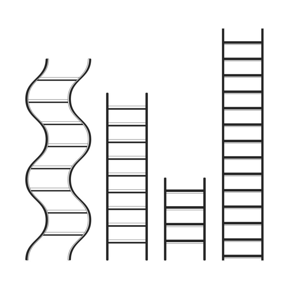 Different ladders rising up black and white 2D line cartoon object. Achieve targets. Career development stairs isolated vector outline item. Climbing stairway monochromatic flat spot illustration