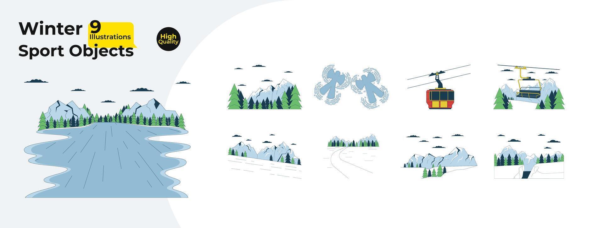 Resort winter season 2D linear cartoon objects bundle. Skilift, snowboarding mountainside isolated line vector items white background. Wintertime landscapes color flat spot illustration collection