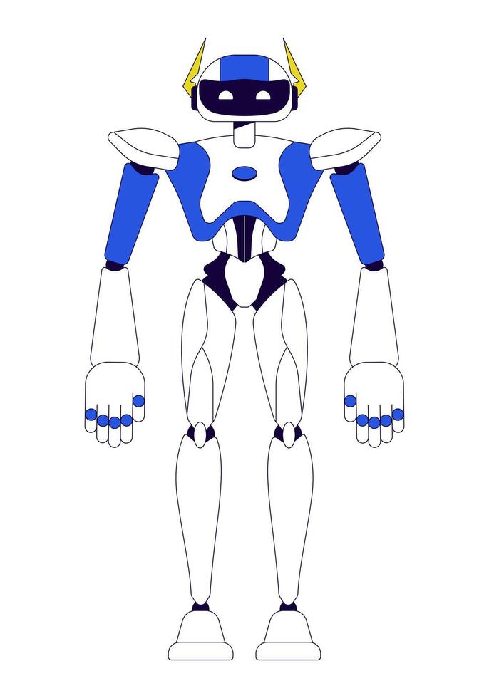 Robot 2D linear cartoon character. Robotics technology. Machine artificial intelligence isolated line vector personage white background. Software development integration color flat spot illustration