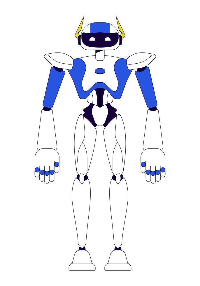 Robot 2D linear cartoon character. Robotics technology. Machine artificial intelligence isolated line vector personage white background. Software development integration color flat spot illustration