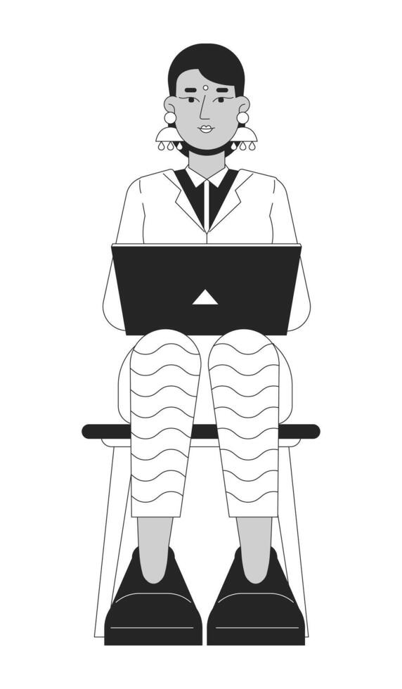 Indian woman job seeker black and white 2D line cartoon character. Typing laptop south asian female isolated vector outline person. Meeting appointment interview monochromatic flat spot illustration