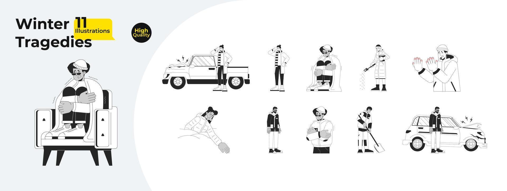 Freezing cold weather black and white cartoon flat illustration bundle. Winter outerwear diverse women, men 2D lineart characters isolated. Wintertime monochrome vector outline image collection