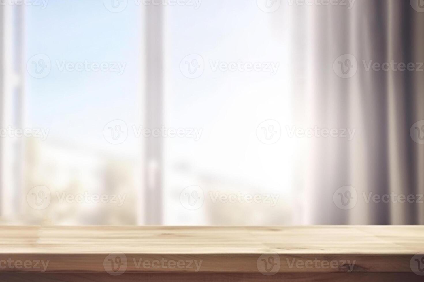 AI generated Minimalist Wooden Table in front of Blurred Window with Curtain. created with Generative AI photo