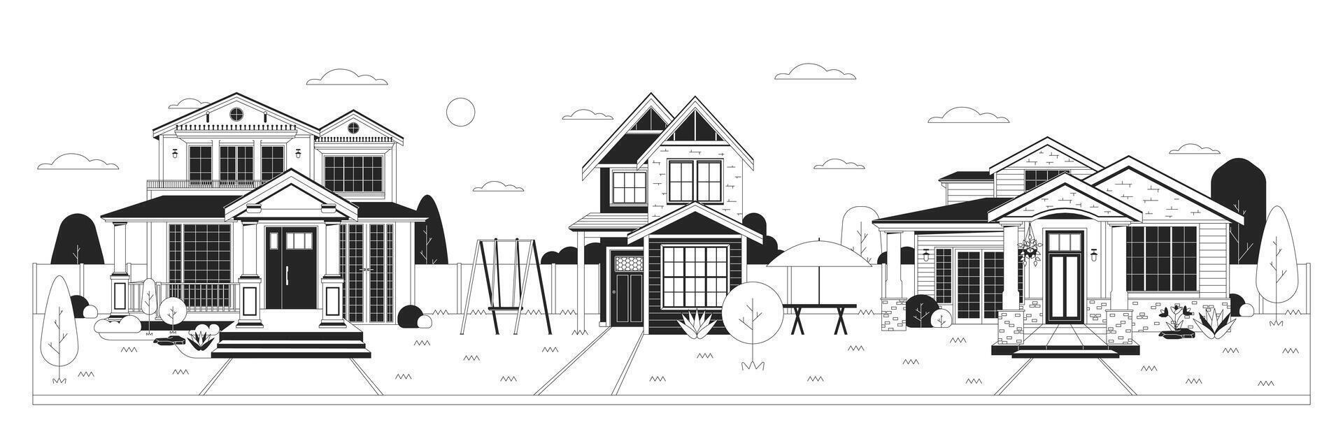 Modern neighborhood black and white cartoon flat illustration. Emerging residential area. Exterior buildings 2D lineart object isolated. Family friendly cottages monochrome scene vector outline image