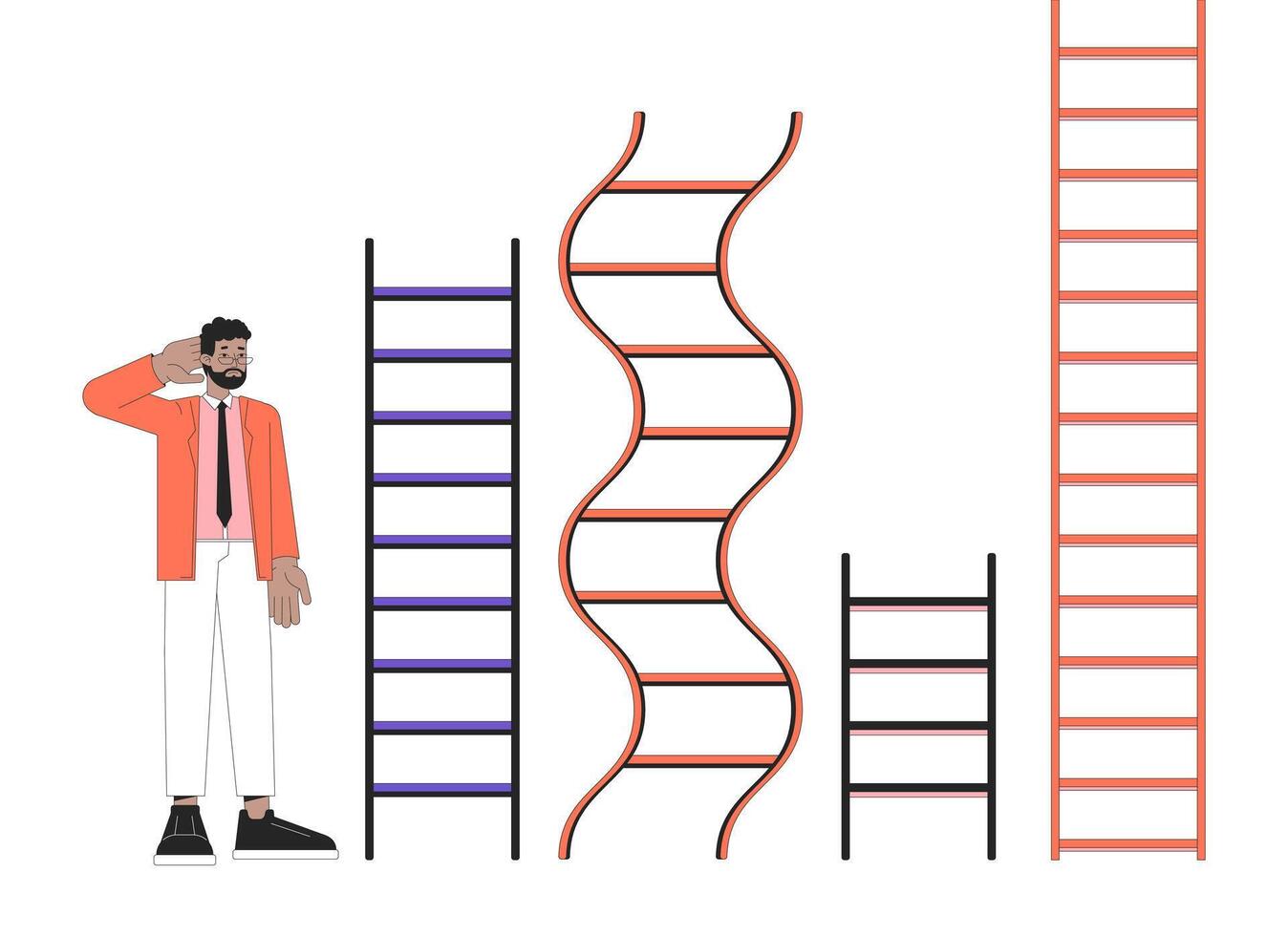 Different career ladders 2D linear illustration concept. Confused african american man compares difficulty cartoon character isolated on white. Professional paths metaphor abstract flat vector outline