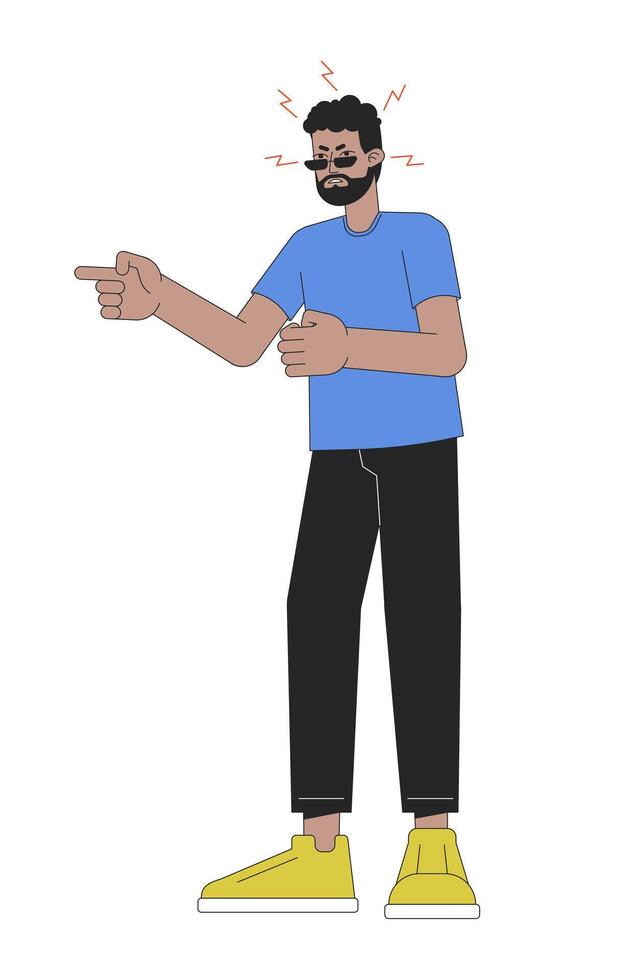 negro hombre gritos 2d lineal dibujos animados personaje. malo estado animico africano americano masculino aislado línea vector persona blanco antecedentes. gesto cuerpo idioma, emocional expresión color plano Mancha ilustración