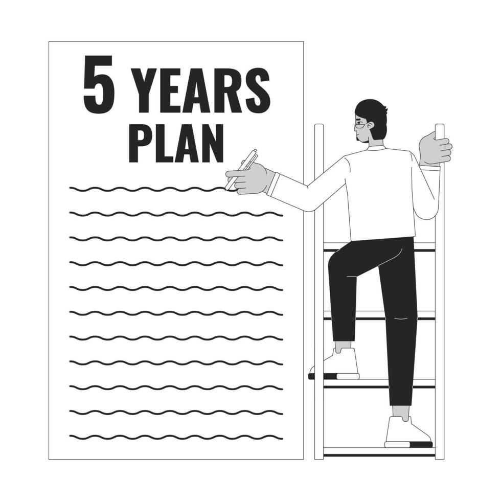 Writing 5 year plan goals black and white 2D illustration concept. Professional development cartoon outline character isolated on white. Arab man career growth checklist metaphor monochrome vector