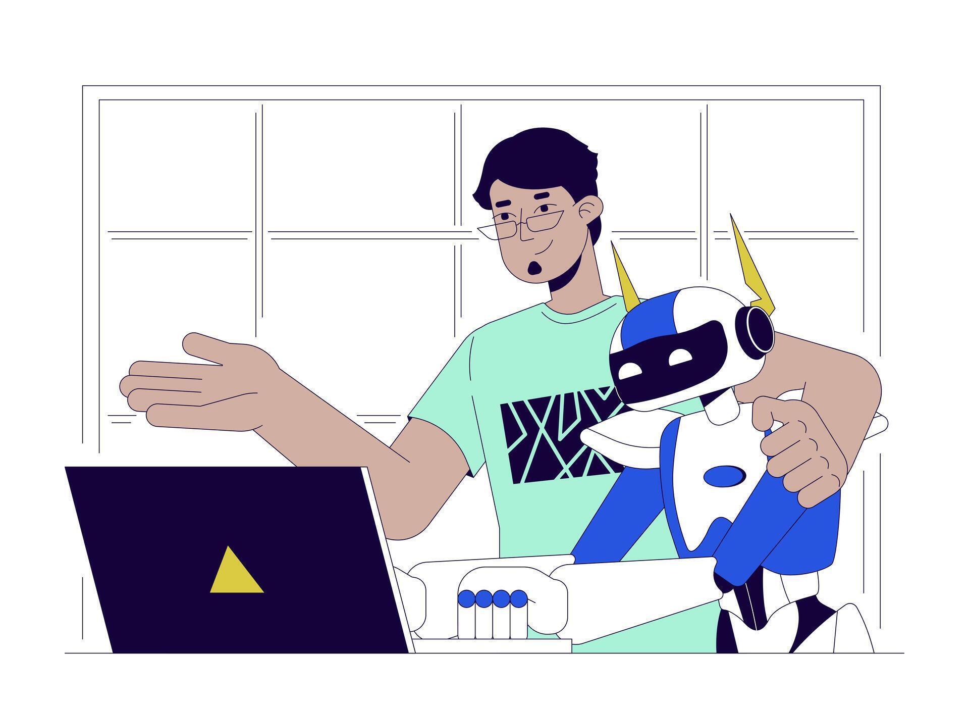 AI integration line cartoon flat illustration. Engineer teaching robot