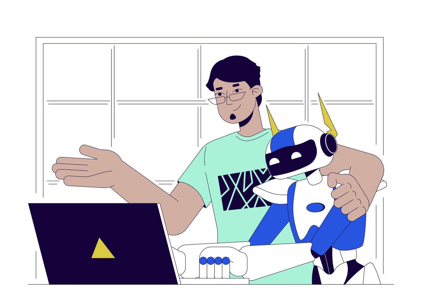 AI integration line cartoon flat illustration. Engineer teaching robot to develop software 2D lineart characters isolated on white background. Machine learning technology scene vector color image