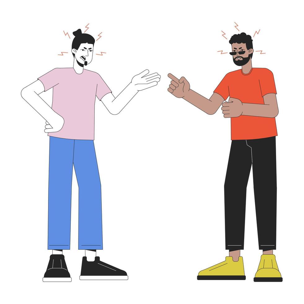 dos hombres discutiendo línea dibujos animados plano ilustración. masculino amigos, novios Gritando 2d arte lineal caracteres aislado en blanco antecedentes. emocional expresando, cuerpo idioma escena vector color imagen