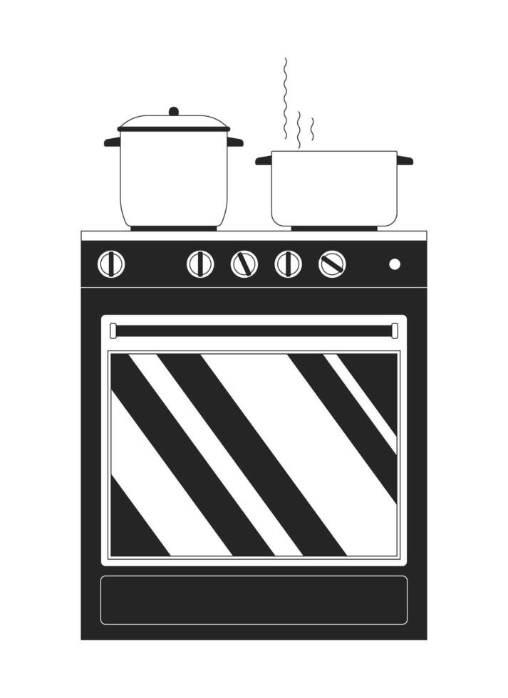 Kitchen stove pots boiling black and white 2D line cartoon object. Preparing. Hot steaming cookware isolated vector outline item. Food cooking energy efficient monochromatic flat spot illustration