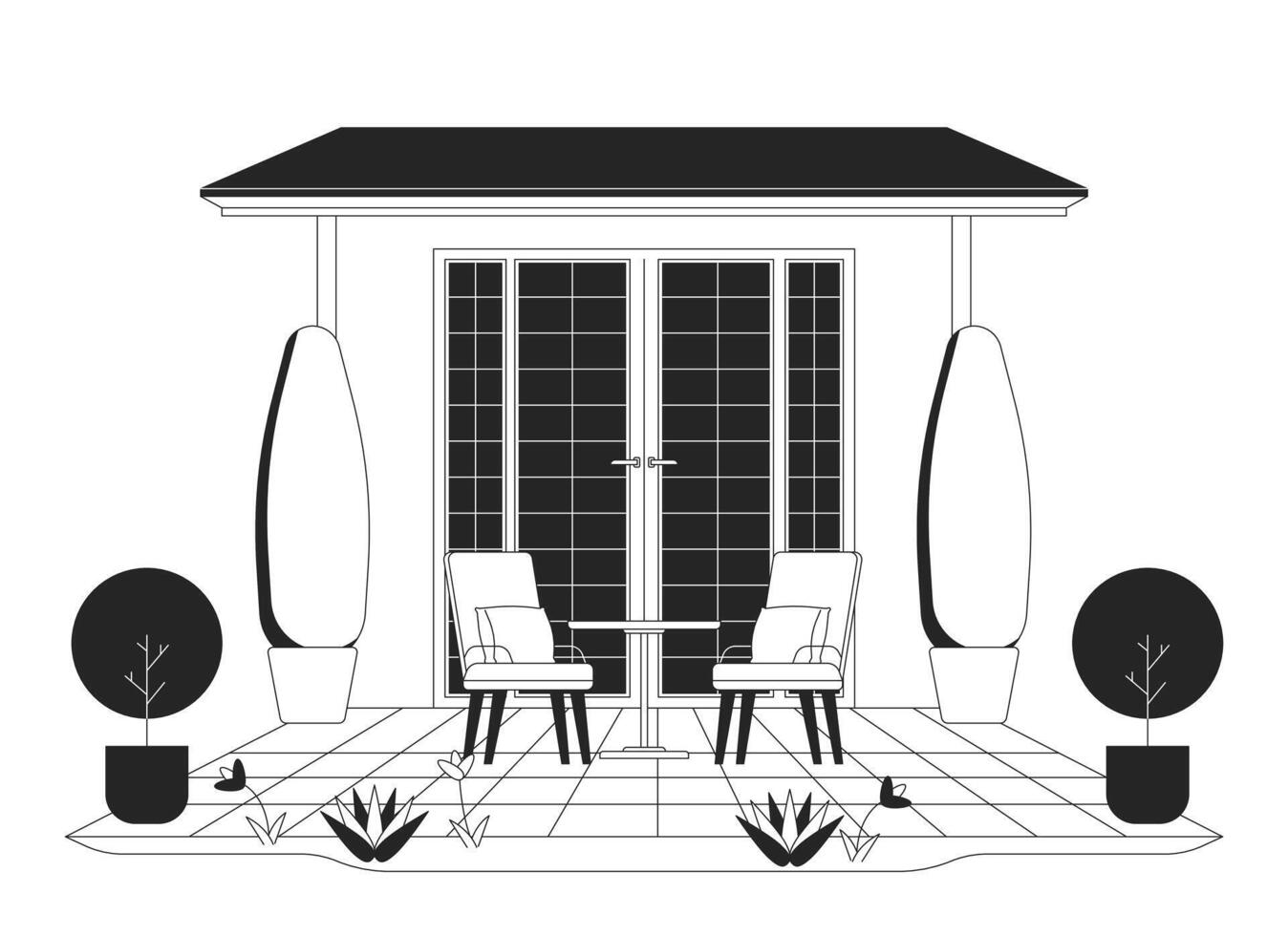 House terrace furniture black and white 2D line cartoon object. Suburbs peaceful chairs. Housing estate. Building isolated vector outline item. Property exterior monochromatic flat spot illustration