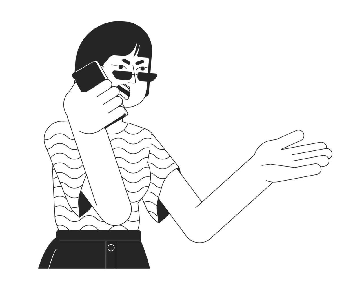 coreano niña gritando dentro teléfono negro y blanco 2d línea dibujos animados personaje. conflicto terminado Teléfono móvil mujer aislado vector contorno persona. emocional cuerpo idioma monocromo plano Mancha ilustración
