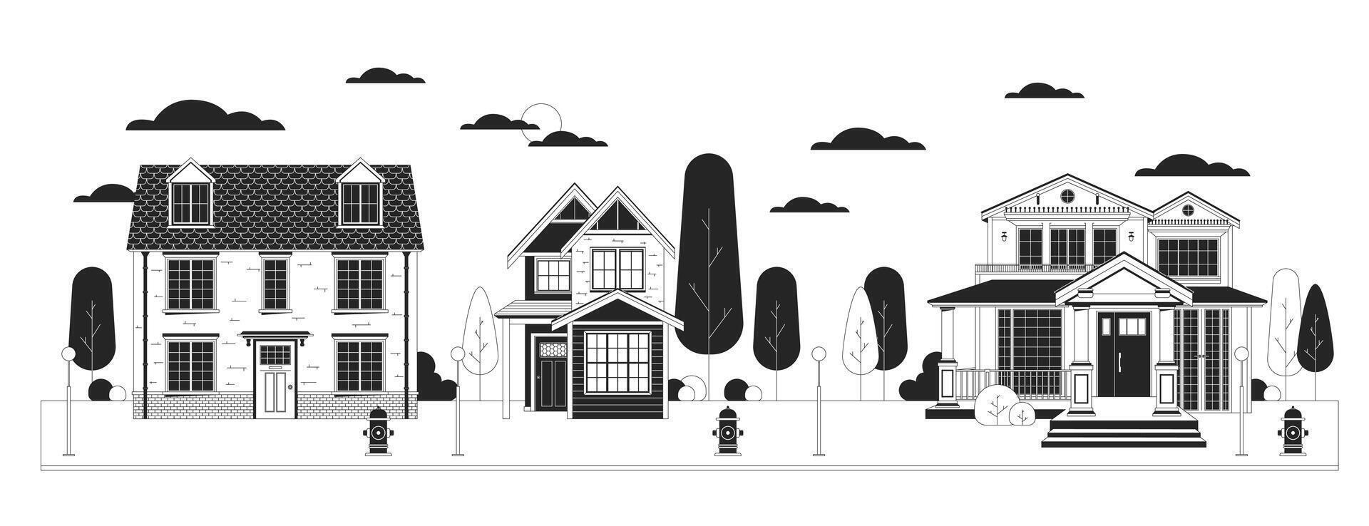 residencial afueras negro y blanco dibujos animados plano ilustración. Alojamientos calle. alojamiento desarrollo. edificios fila 2d arte lineal objeto aislado. real inmuebles monocromo escena vector contorno imagen