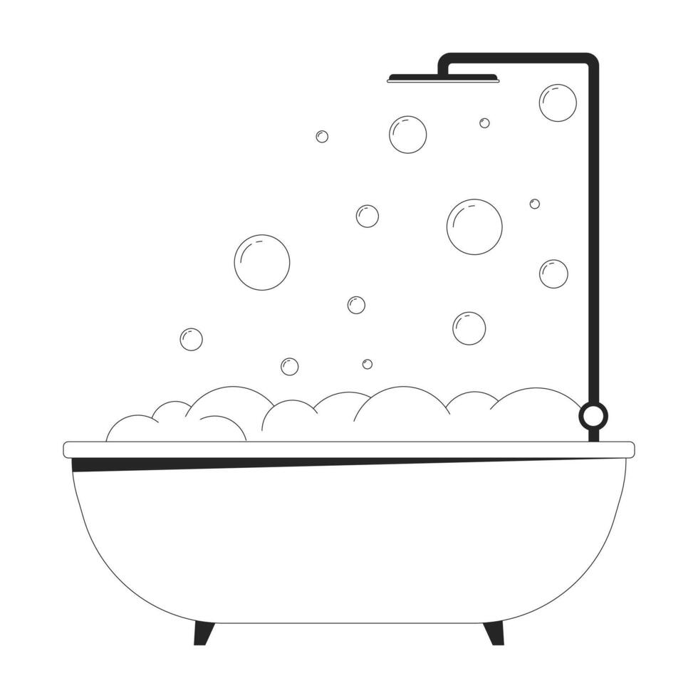 Bathtub bubble bath shower black and white 2D line cartoon object. Washing showering equipment isolated vector outline item. Bathroom hygiene. Foam bathtime monochromatic flat spot illustration