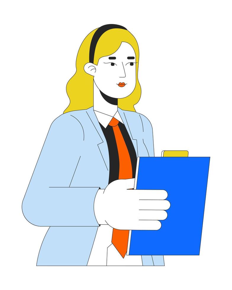 Serious female secretary office worker 2D linear cartoon character. Blonde woman employee holding tablet isolated line vector person white background. Corporate assistant color flat spot illustration