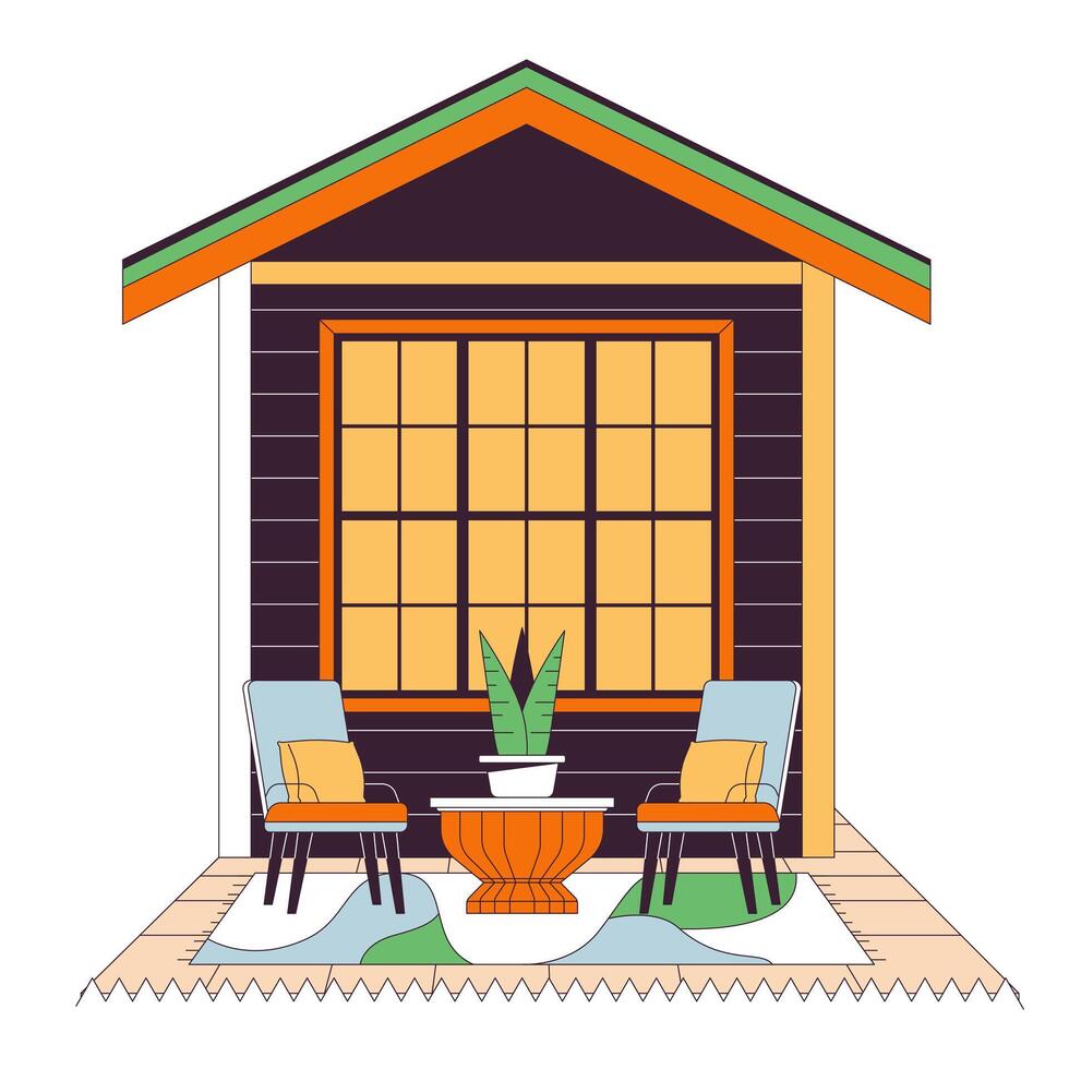 Backyard patio furniture 2D linear cartoon object. Outdoor seating terrace chairs flowerpot. Building isolated line vector element white background. Property exterior color flat spot illustration