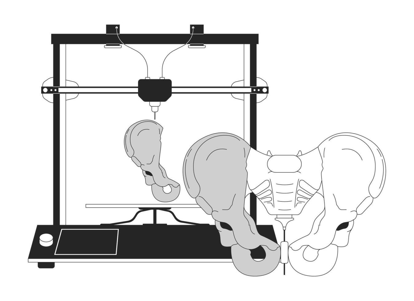 3D printing pelvis model black and white cartoon flat illustration vector