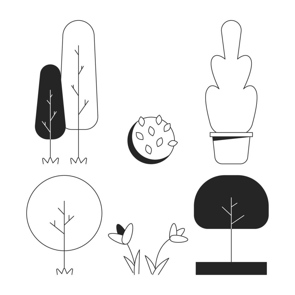 Lawn ornaments black and white 2D line cartoon objects set. Flowers blooming spring. Potted trees bushes isolated vector outline items collection. Vegetation monochromatic flat spot illustrations