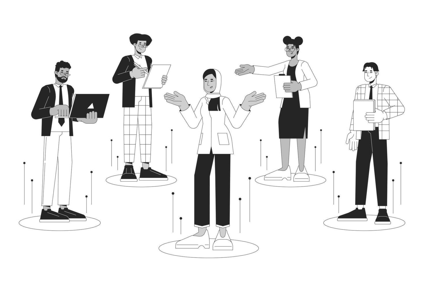 Career team start up black and white 2D illustration concept. Diverse teamwork office workers cartoon outline characters isolated on white. Multiracial businesspeople adults metaphor monochrome vector