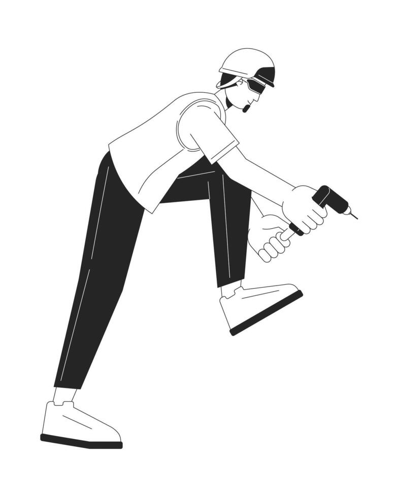 Engineer holding cordless screwdriver black and white 2D line cartoon character. Caucasian adult man electrician isolated vector outline person. Drilling hole monochromatic flat spot illustration