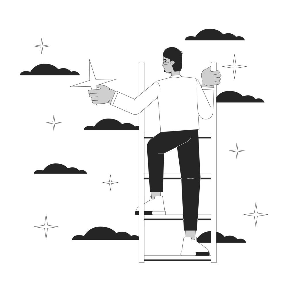 Reaching for star climbing ladder of success black and white 2D illustration concept. Success businessman arab cartoon outline character isolated on white. Goal achievement metaphor monochrome vector
