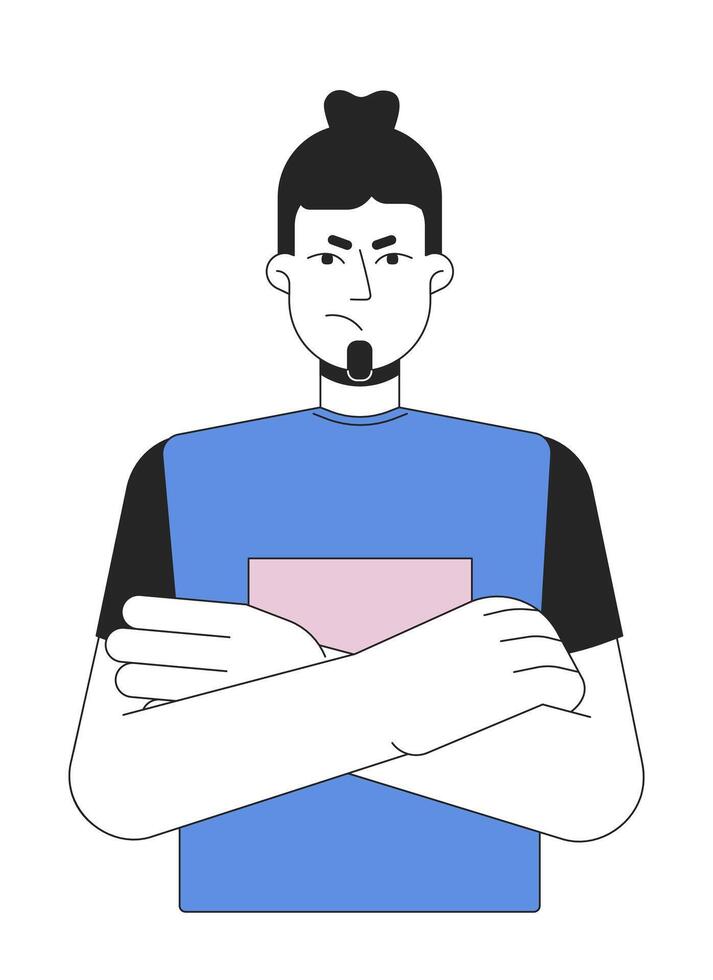 Frowning caucasian man crossed hands 2D linear cartoon character. Disapproving adult male isolated line vector person white background. Gesture body language color flat spot illustration