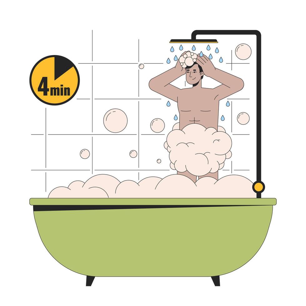 4 minute shower line cartoon flat illustration. Indian man showering bathtub 2D lineart character isolated on white background. Reduce electricity usage. Water saving at home scene vector color image