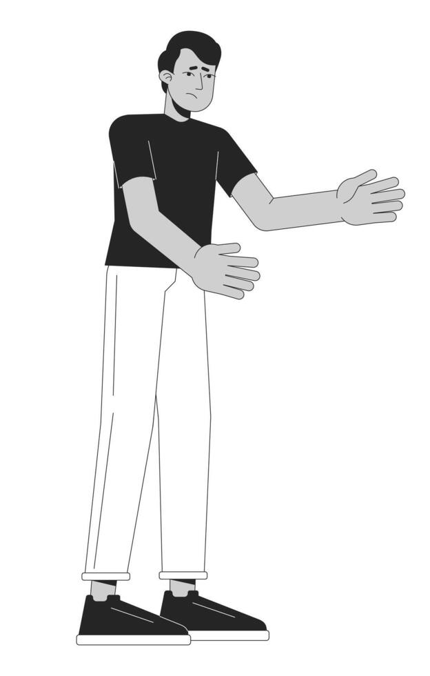 Compassionate indian man arms out black and white 2D line cartoon character. Empathetic guy suggests hug, consoling isolated vector outline person. Caring comfort monochromatic flat spot illustration