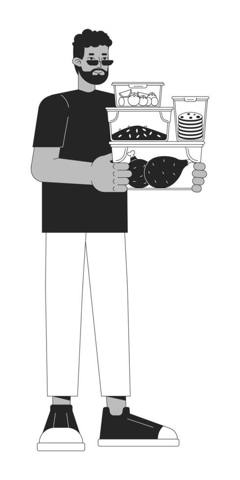 Meal prepping for saving time black and white cartoon flat illustration. Nutritionally balanced diet. Black man 2D lineart character isolated. Reduce carbon footprint monochrome vector outline image