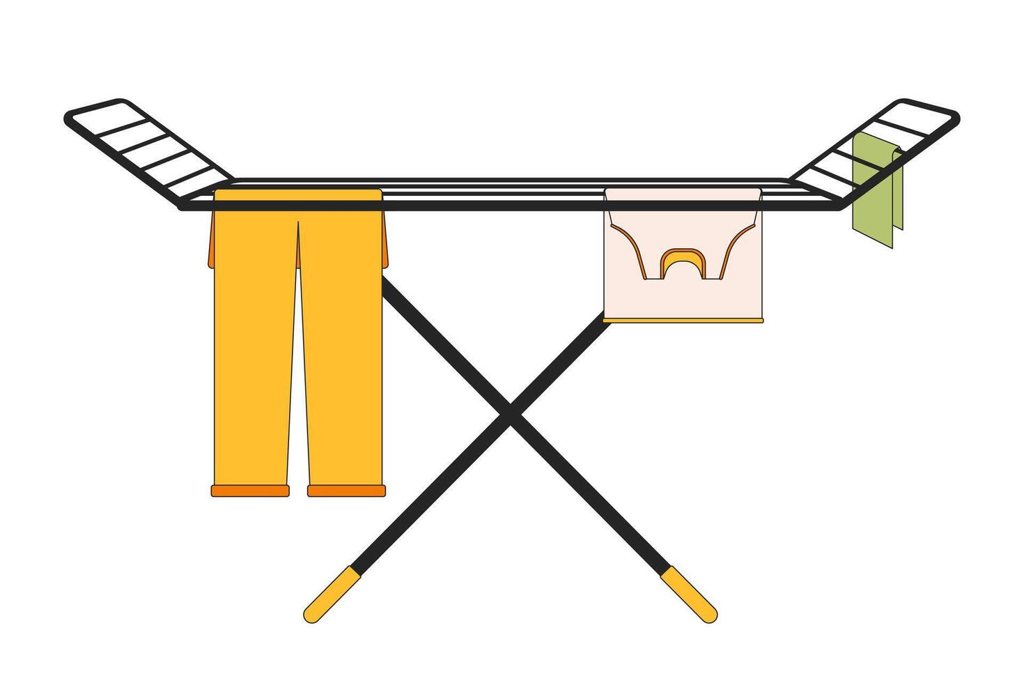 Air dry clothes rack 2D linear cartoon object. Laundry hanging on rack isolated line vector element white background. Housekeeping chores housework. Air drying clothing color flat spot illustration