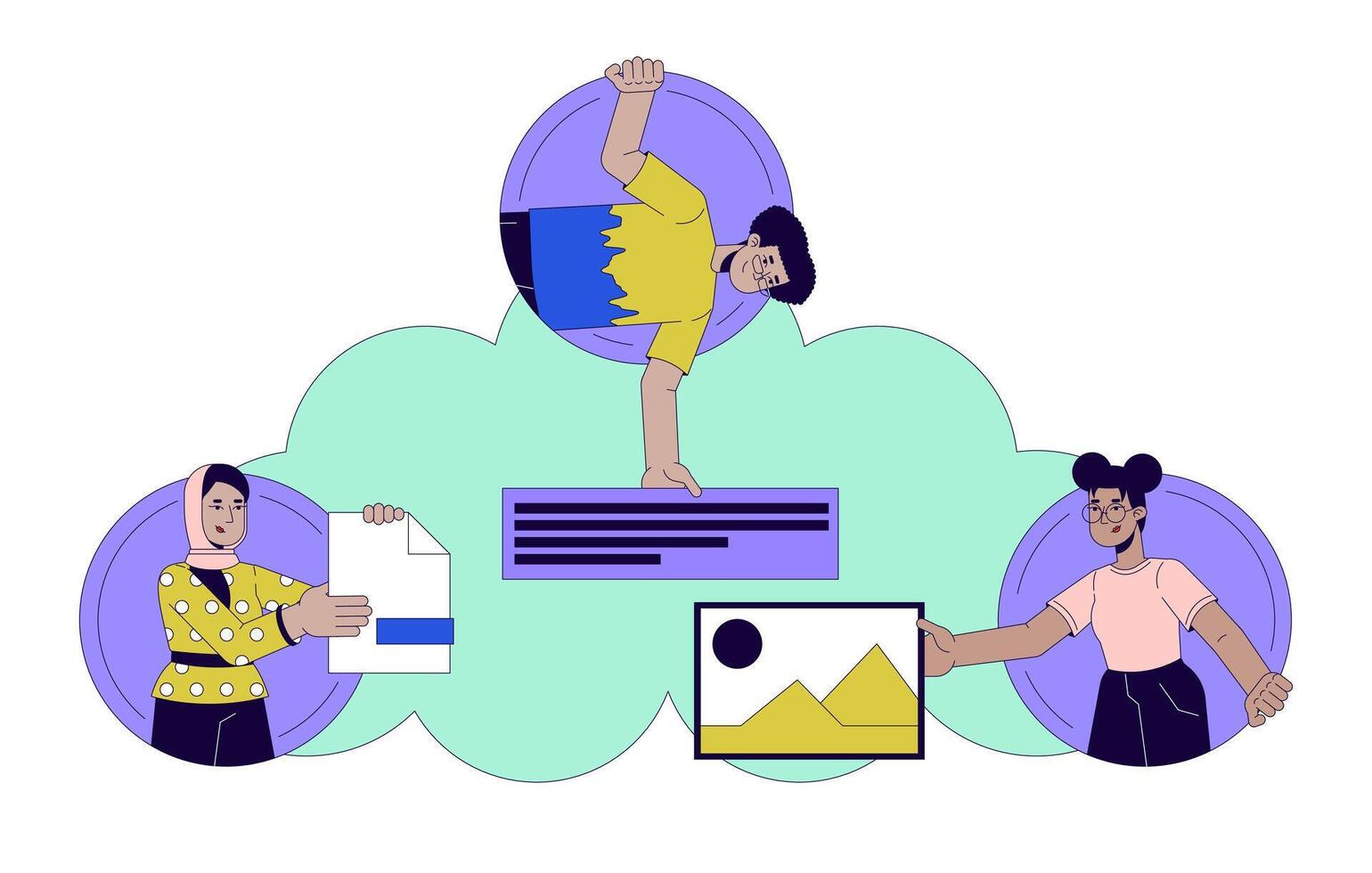 Cloud storage 2D linear illustration concept. Software development team cartoon characters isolated on white. Cloud-based collaborative workspace metaphor abstract flat vector outline graphic