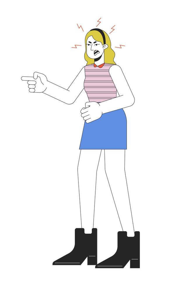 caucásico mujer disputas 2d lineal dibujos animados personaje. malo estado animico adulto hembra aislado línea vector persona blanco antecedentes. gesto cuerpo idioma, emocional expresión color plano Mancha ilustración