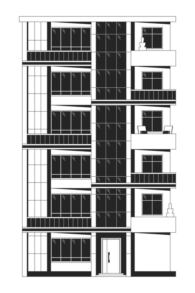 Condominium multi-storey black and white 2D line cartoon object. Dormitory housing estate. Living building multistory isolated vector outline item. Property monochromatic flat spot illustration