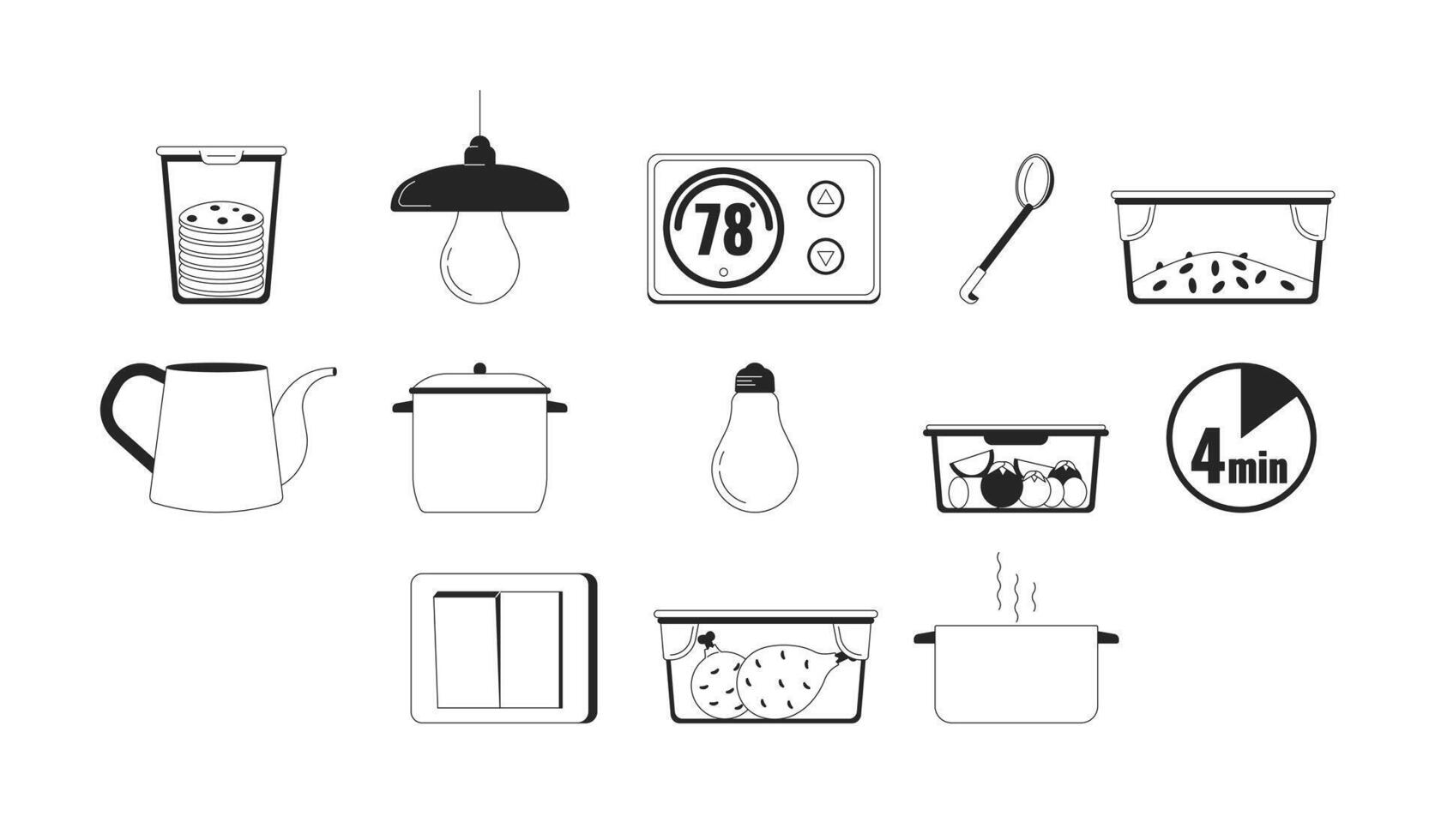 Conserving energy at household black and white 2D line cartoon objects set vector