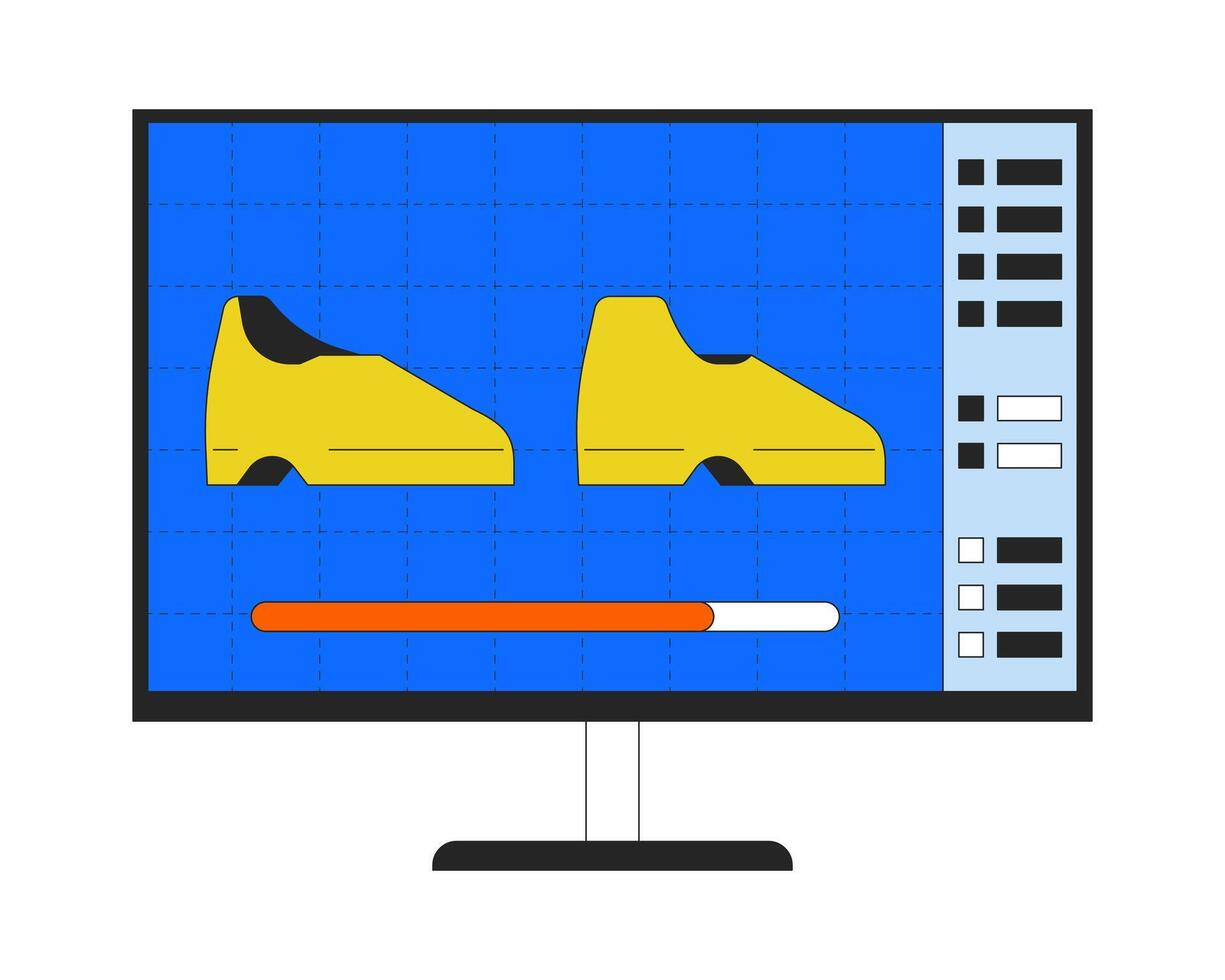 Shoes designing on computer screen 2D linear cartoon object. High fashion technology isolated line vector element white background. Mens fashion footwear production color flat spot illustration