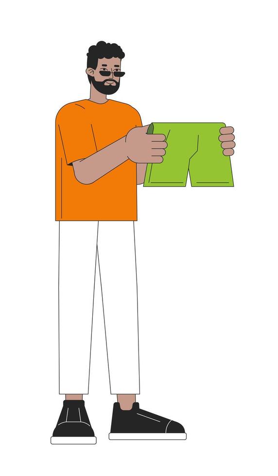 Bearded black man choosing boxer shorts 2D linear cartoon character. African american guy isolated line vector person white background. Selecting underwear laundry color flat spot illustration