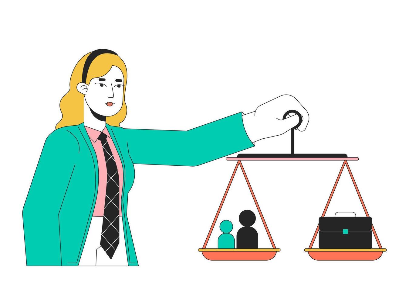Work life balance for woman 2D linear illustration concept. Working business lady holding scales cartoon character isolated on white. Empowerment career building metaphor abstract flat vector outline