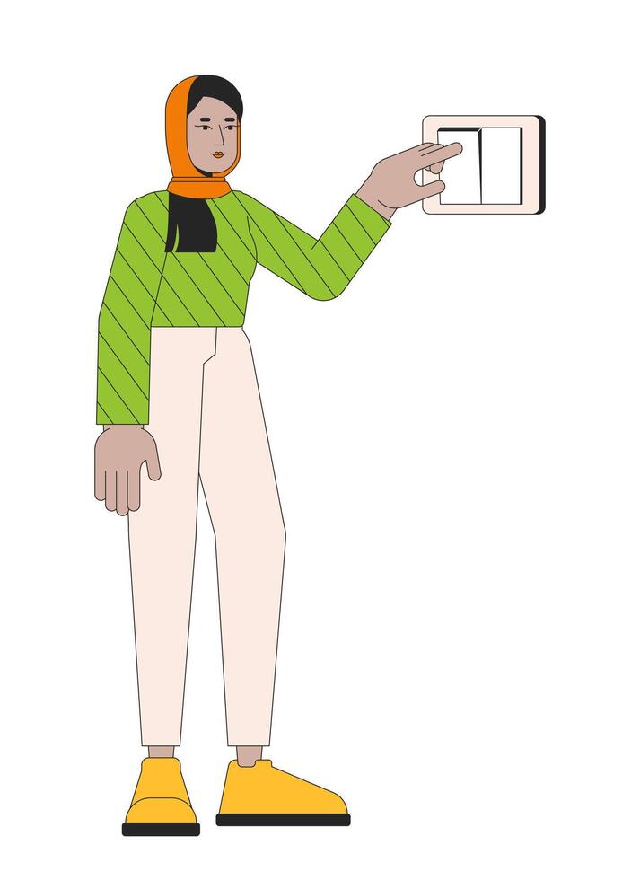 Turning off light with wall switch line cartoon flat illustration. Muslim hijab 2D lineart character isolated on white background. Push button turn on. Save energy bill scene vector color image