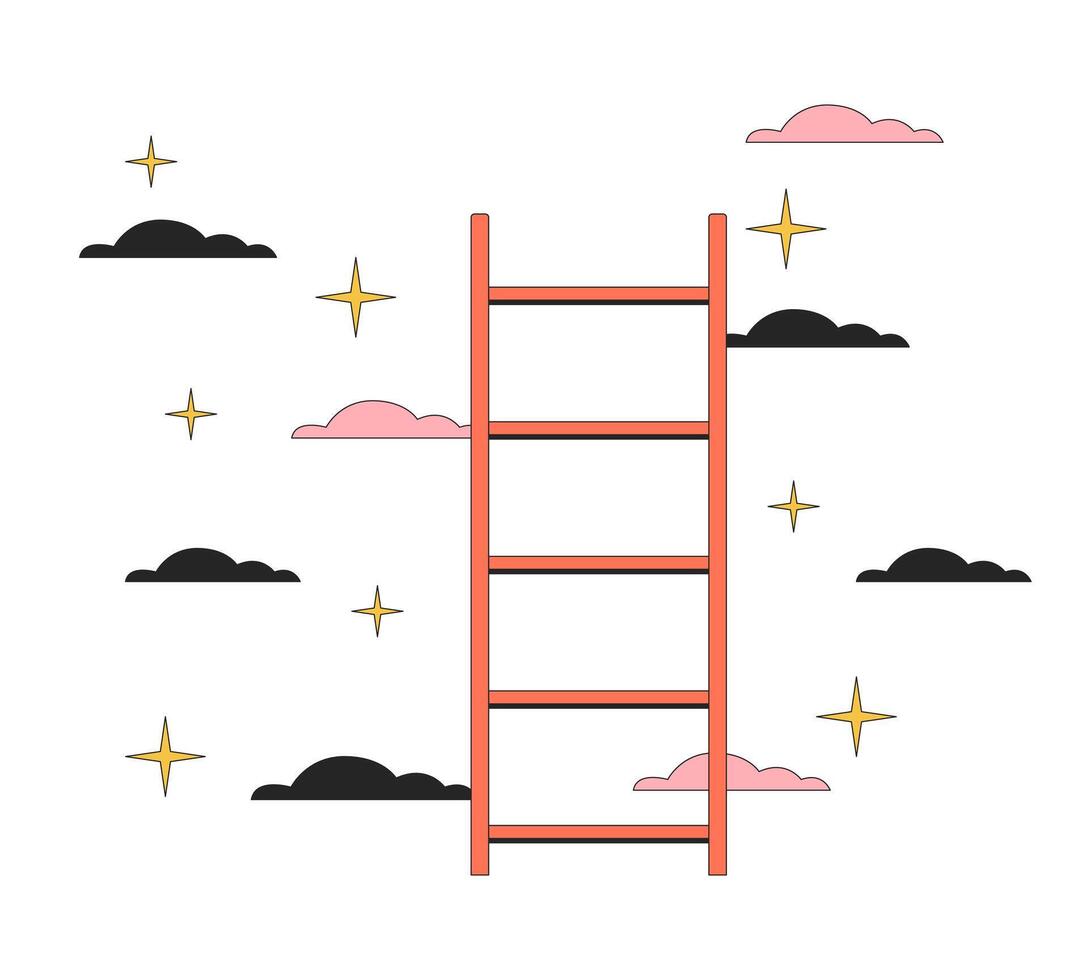 Ladder to stars clouds 2D linear cartoon object. Reaching moving up ladder cloudscape isolated line vector element white background. Accomplishment achievement dreaming color flat spot illustration