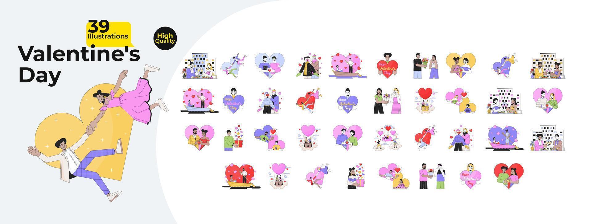 Romance Valentines day 2D linear illustrations concepts bundle. Diverse couple cartoon characters isolated on white. Romantic 14 february metaphors abstract flat vector outline graphic collection