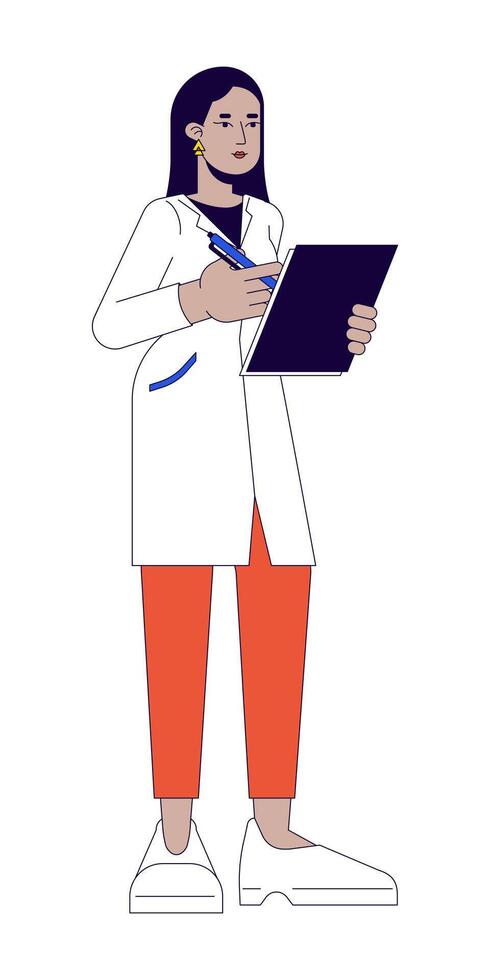 hembra médico con portapapeles 2d lineal dibujos animados personaje. cuidado de la salud obrero. mujer médico especialista aislado línea vector persona blanco antecedentes. laboratorio asistente en túnica color plano Mancha ilustración