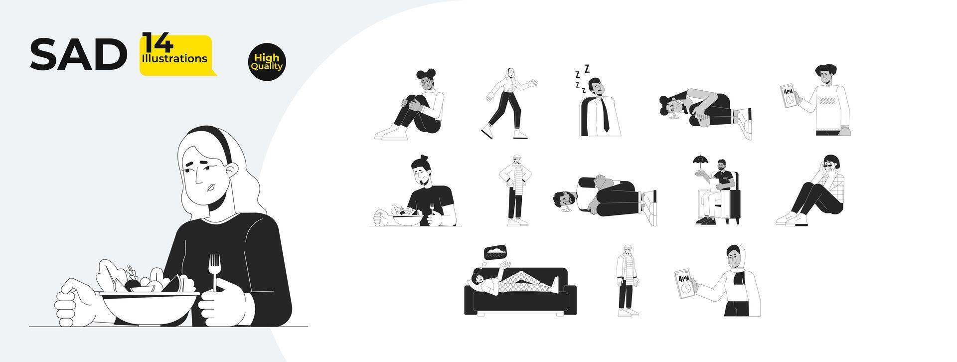 Seasonal depression black and white cartoon flat illustration bundle. Psychologist, tired people 2D lineart characters isolated. Anxiety, insomnia SAD monochrome vector outline image collection