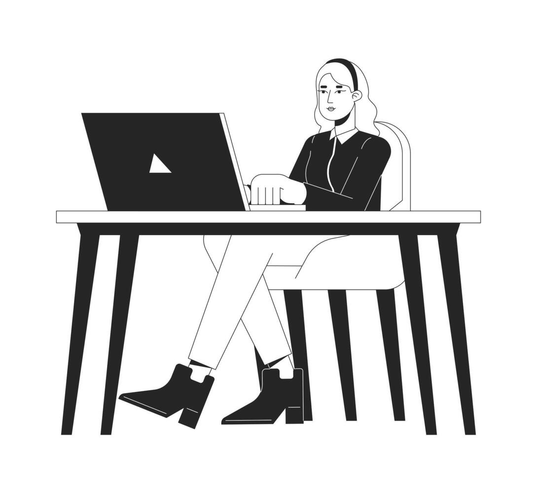 White-collar worker typing laptop workplace black and white 2D line cartoon character. European female isolated vector outline person. Corporate employee in office monochromatic flat spot illustration