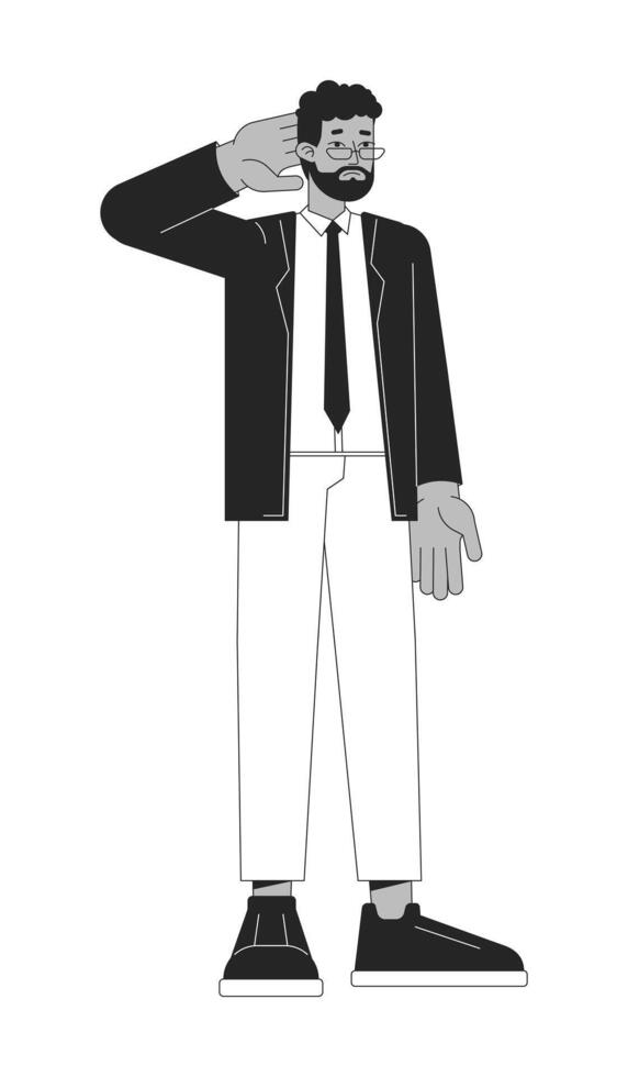 Frustrated business man rubbing neck black and white 2D line cartoon character. African-american male manager isolated vector outline person. Confused eyeglasses monochromatic flat spot illustration